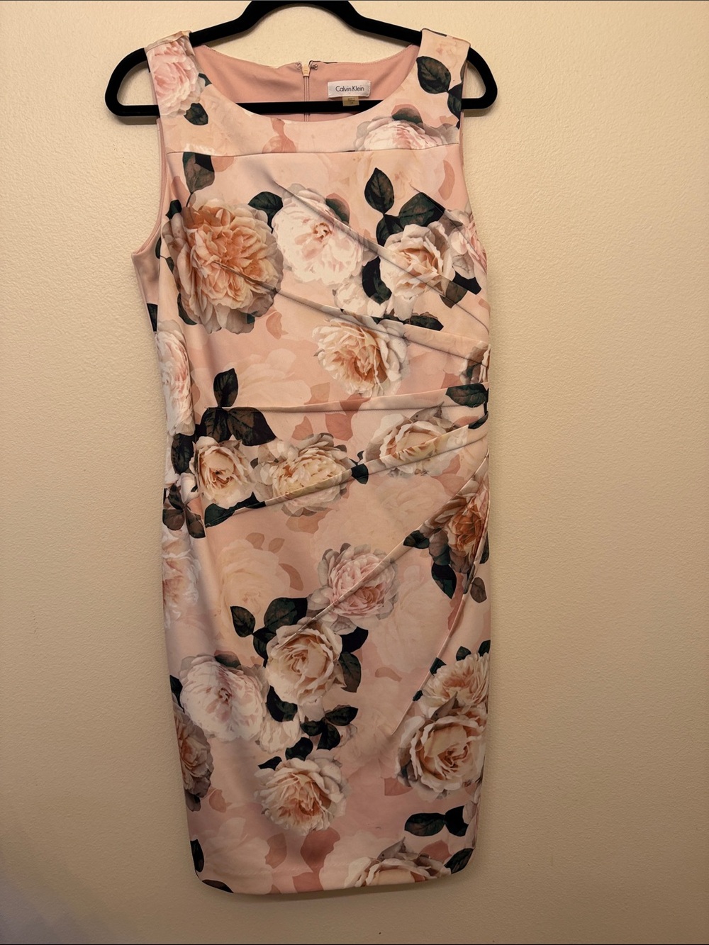 Calvin Klein Floral Sheath Dress Size 14 Pink Rose Print Cocktail Dress